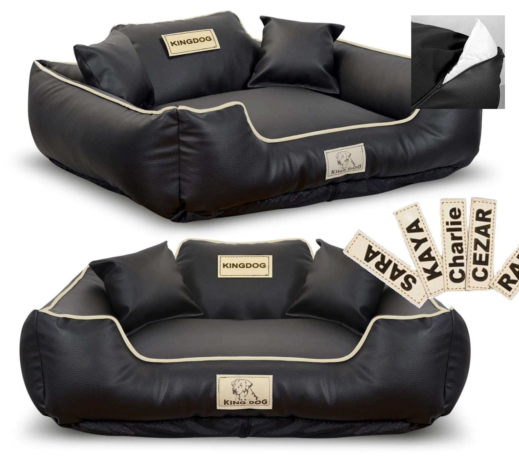 Aio Factory Šuns guolis KINGDOG ECO LEATHER 75x65 cm, nuimamas, personalizuotas, neslystantis, juodas aprašymas - Prekės nuotrauka