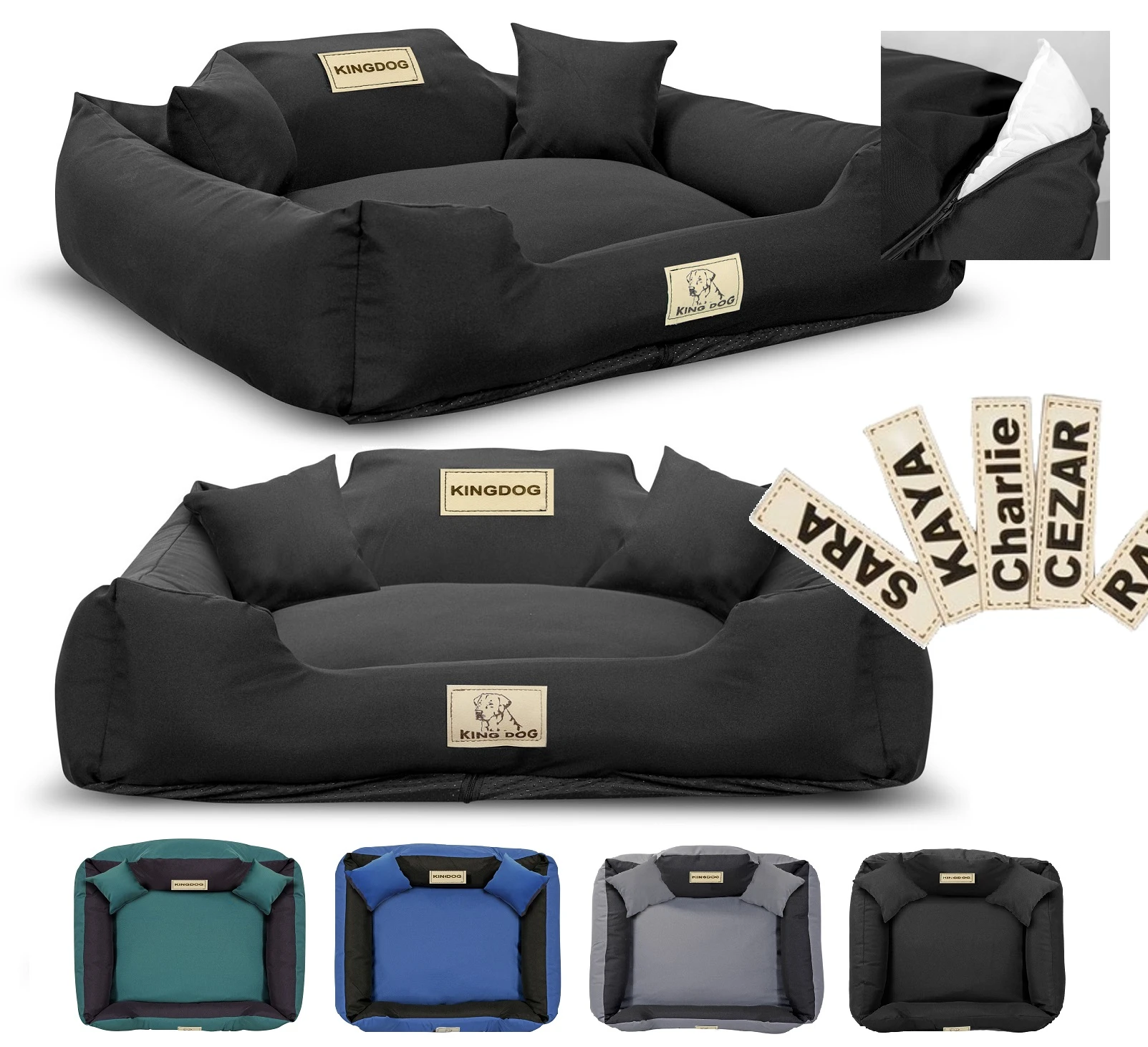 Aio Factory Šuns guolis KINGDOG MM43 75x65 cm, nuimamas, neslystantis, juodas, personalizuotas aprašymas - Prekės nuotrauka