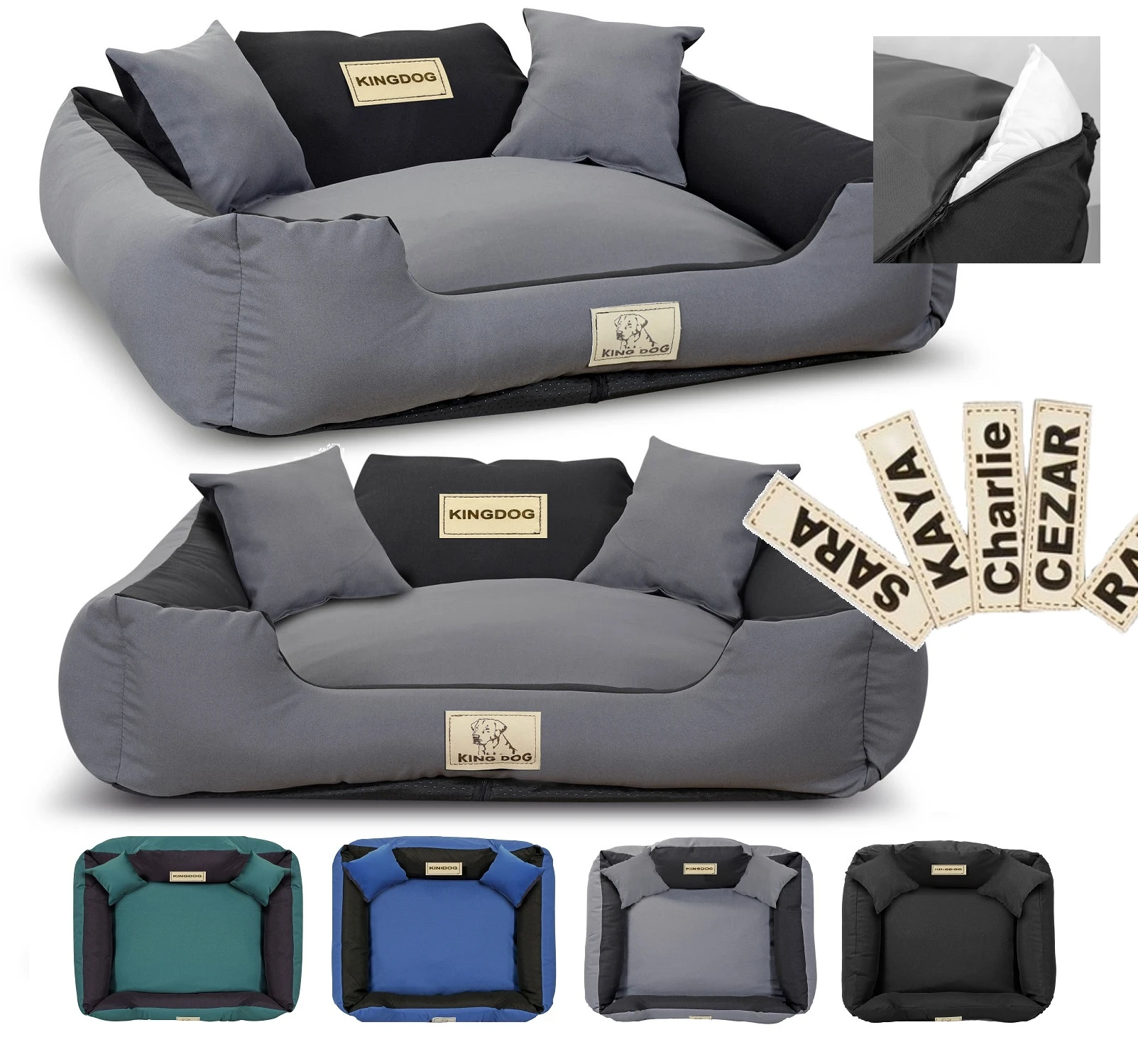 Aio Factory Šuns guolis KINGDOG MM43 75x65 cm, nuimamas, personalizuotas, neslystantis, tamsiai pilkas aprašymas - Prekės nuotrauka