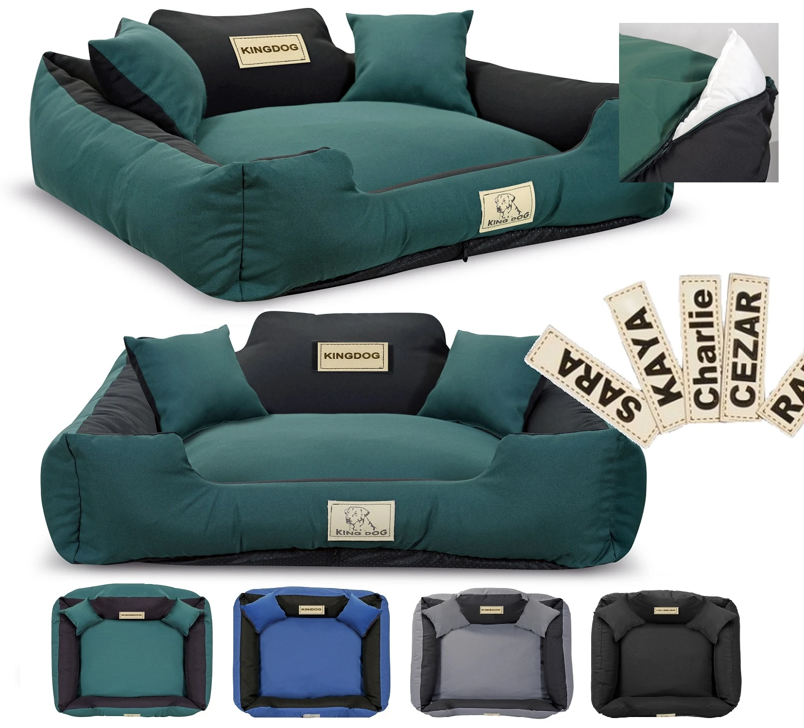 Aio Factory Šuns guolis KINGDOG MM43 75x65 cm, nuimamas, personalizuotas, neslystantis, žalias aprašymas - Prekės nuotrauka