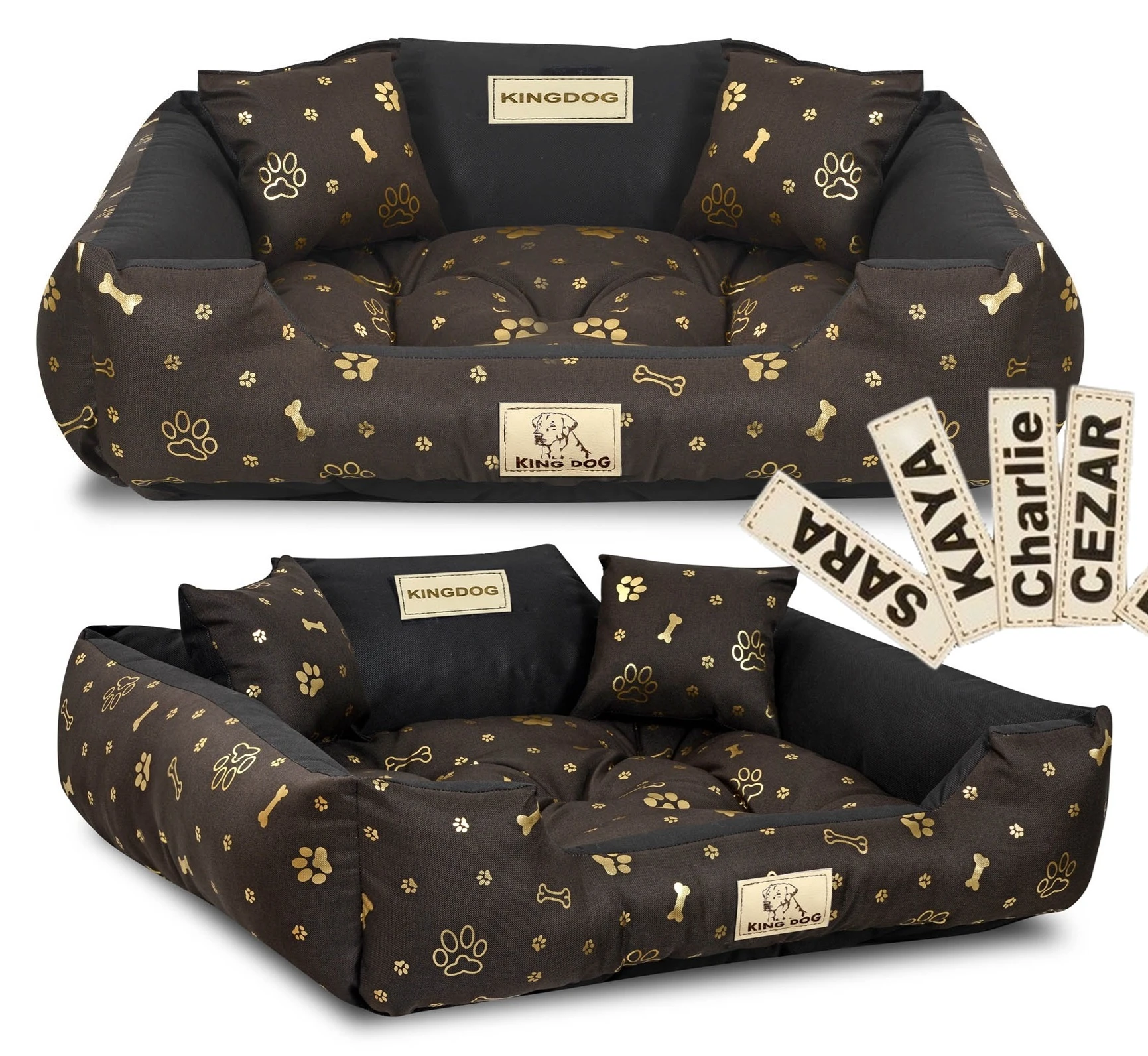 Aio Factory Šuns guolis KINGDOG voljeras 75x65 cm personalizuotas vandeniui atsparus auksinis kaulas aprašymas - Prekės nuotrauka