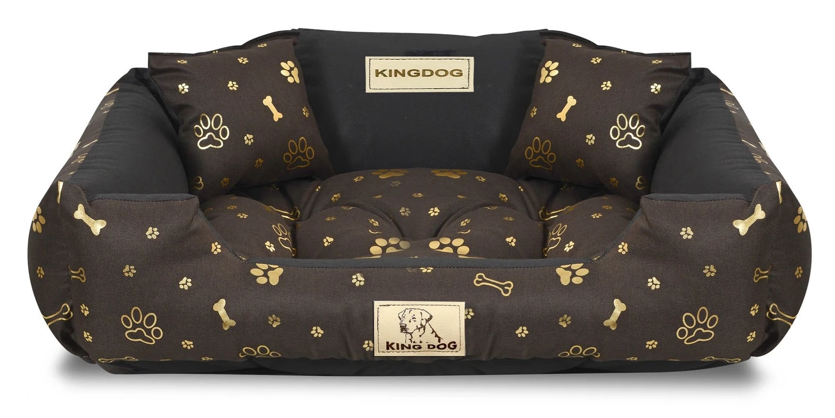 Aio Factory Šuns guolis KINGDOG voljeras 75x65 cm personalizuotas vandeniui atsparus auksinis kaulas aprašymas - Prekės nuotrauka