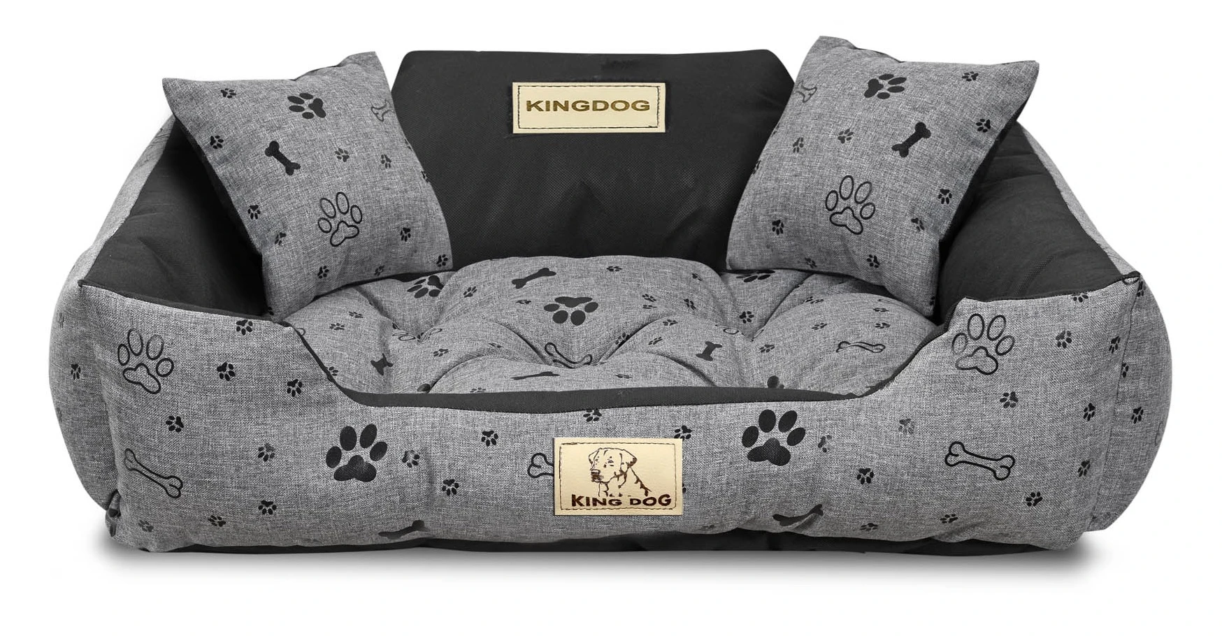 Aio Factory Šuns guolis KINGDOG voljeras 75x65 cm, personalizuotas, vandeniui atsparus, kaulai, juodos spalvos aprašymas - Prekės nuotrauka