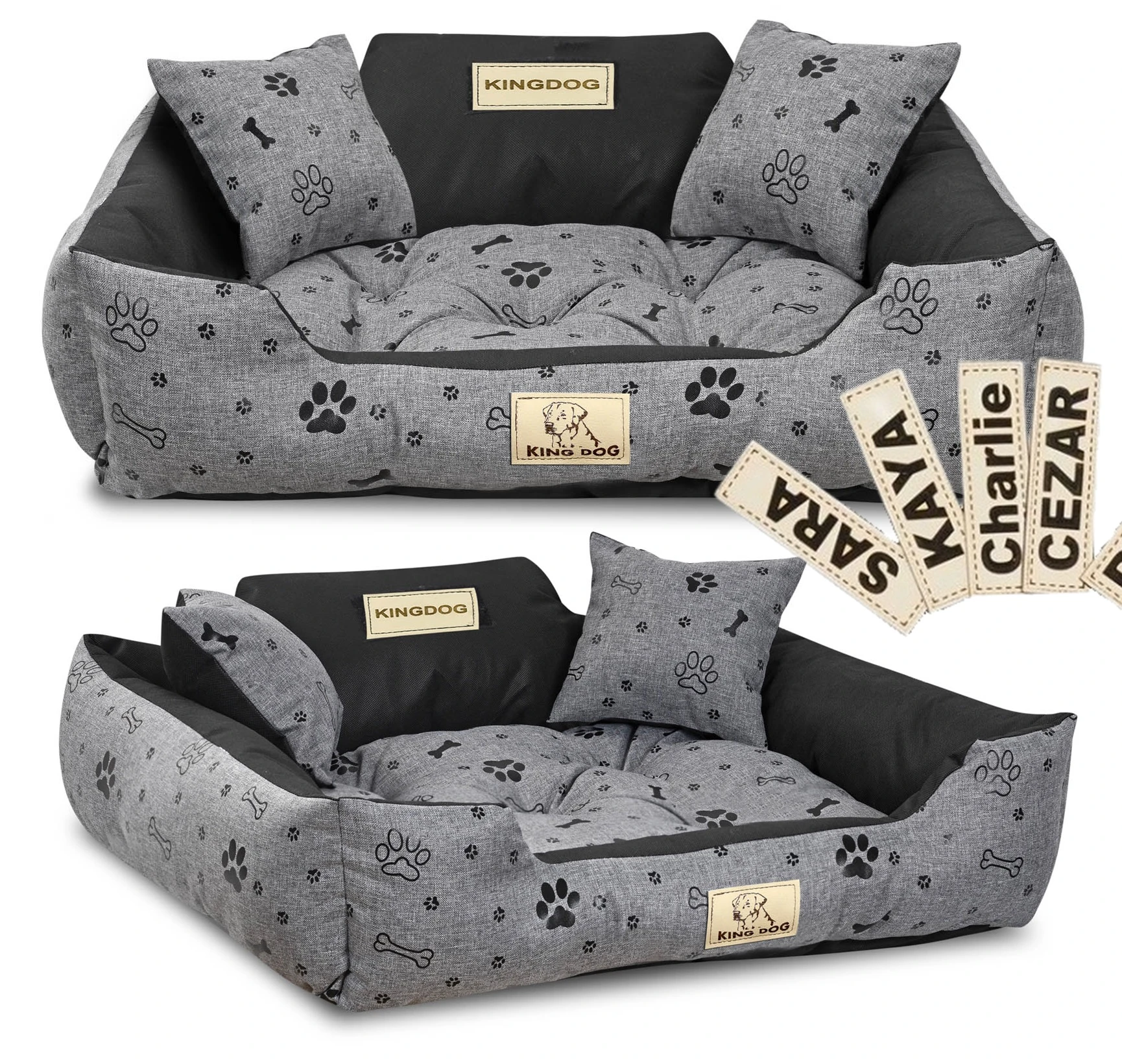 Aio Factory Šuns guolis KINGDOG voljeras 75x65 cm, personalizuotas, vandeniui atsparus, kaulai, juodos spalvos aprašymas - Prekės nuotrauka