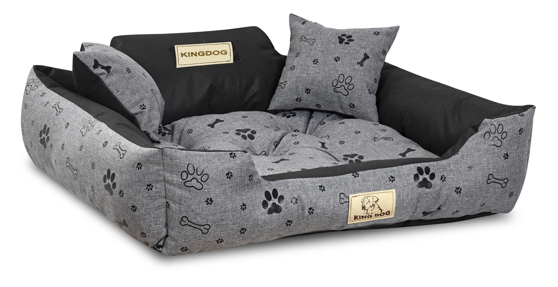 Aio Factory Šuns guolis KINGDOG voljeras 75x65 cm, personalizuotas, vandeniui atsparus, kaulai, juodos spalvos aprašymas - Prekės nuotrauka
