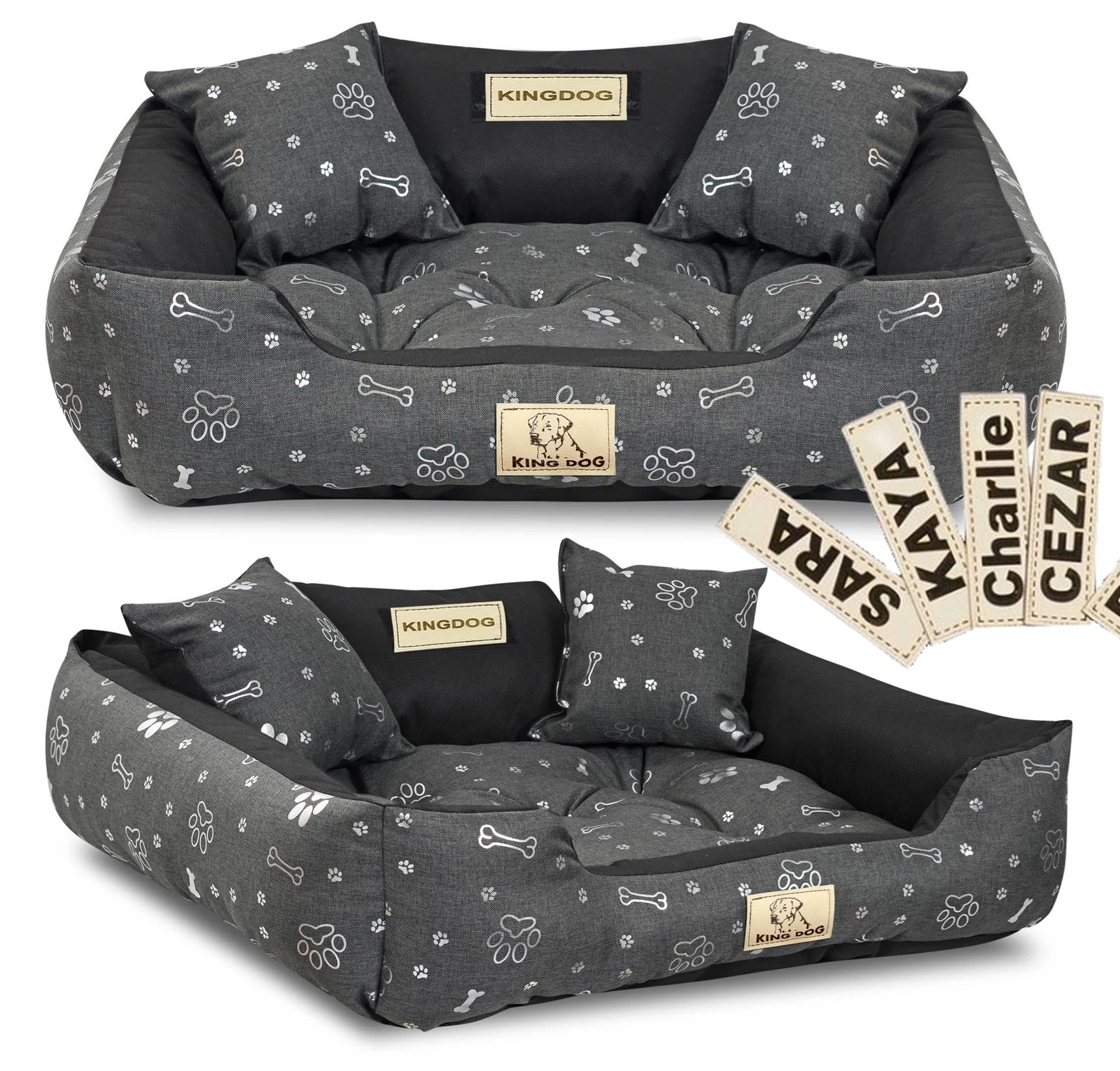Aio Factory Šuns guolis KINGDOG voljeras 75x65 cm personalizuotas vandeniui atsparus sidabro spalvos kaulas aprašymas - Prekės nuotrauka