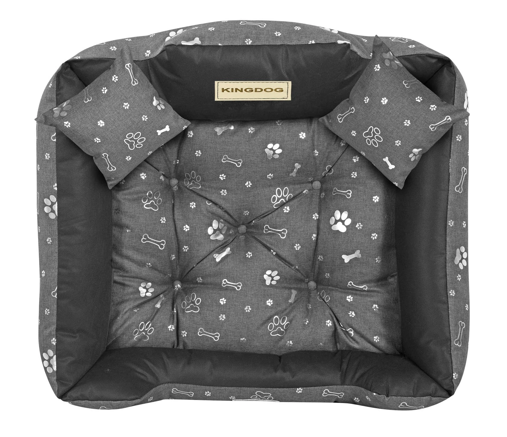 Aio Factory Šuns guolis KINGDOG voljeras 75x65 cm personalizuotas vandeniui atsparus sidabro spalvos kaulas aprašymas - Prekės nuotrauka