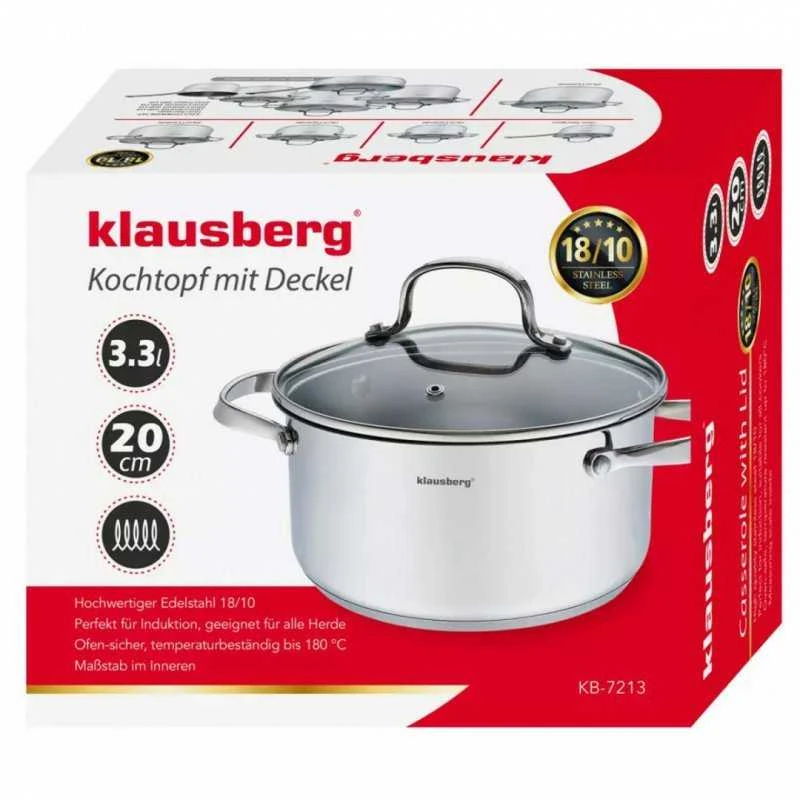 Klausberg KB-7213 3,3 l nerūdijančio plieno puodas su grūdinto stiklo dangčiu