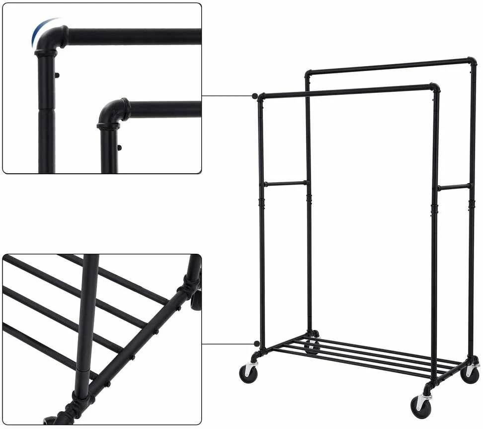 Songmics Drabužių kabykla su 2 skersiniais ir ratukais, juoda, 100 × 59 × 142–162 cm