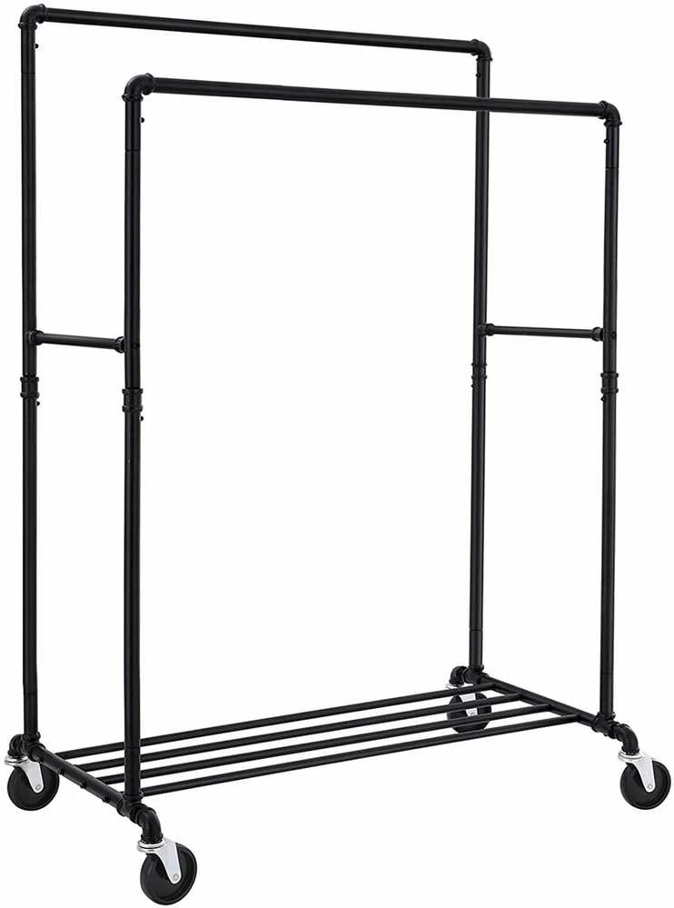 Songmics Drabužių kabykla su 2 skersiniais ir ratukais, juoda, 100 × 59 × 142–162 cm