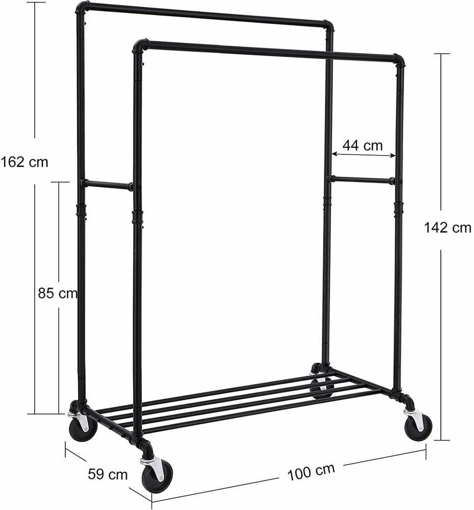 Songmics Drabužių kabykla su 2 skersiniais ir ratukais, juoda, 100 × 59 × 142–162 cm