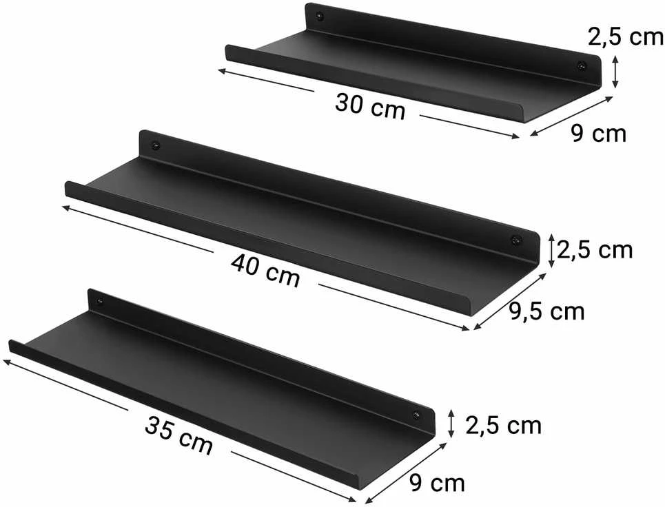 Leobert Sieninės lentynos, metalinės, juodos, 30–40 x 9 x 2,5 cm, 3 vnt.
