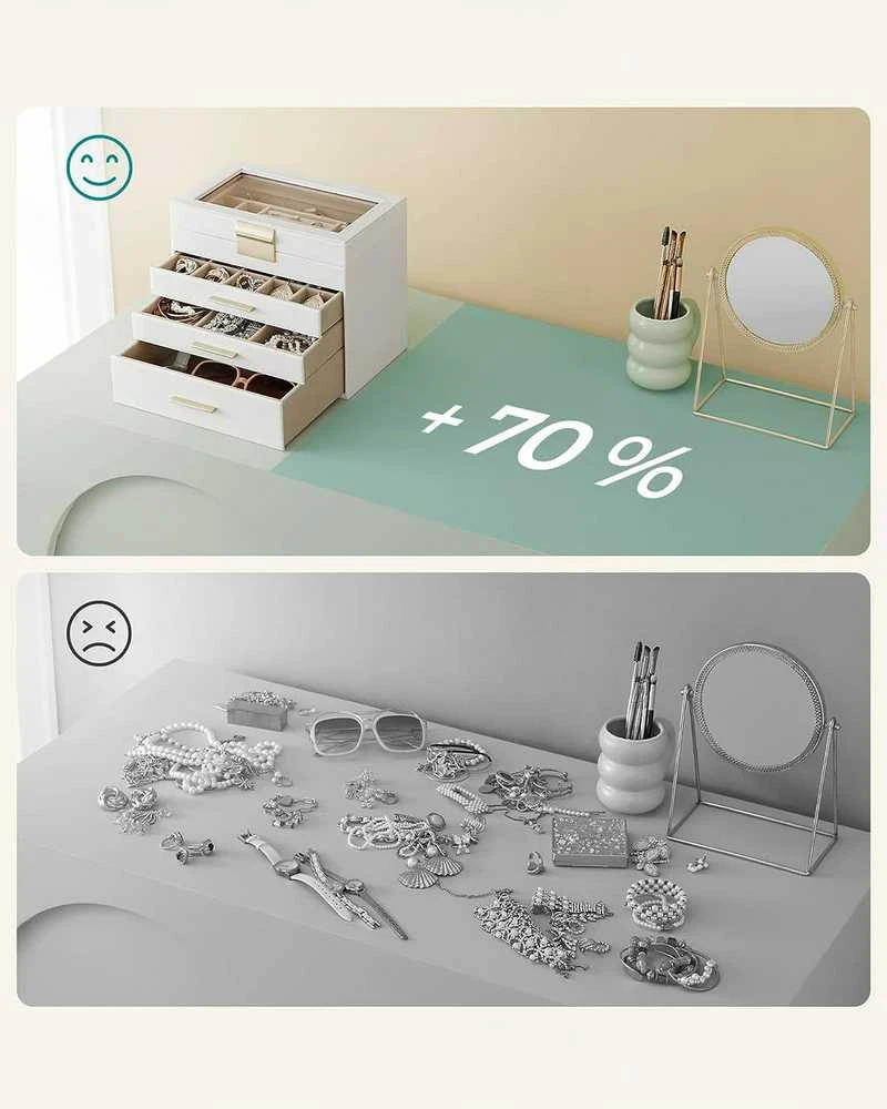 Leobert Papuošalų dėžutė su stiklo dangčiu ir 3 stalčiais, balta, 25,1 × 15,3 × 21,5 cm