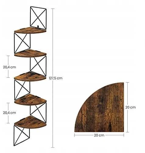 Leobert Kampinė lentyna su 5 lentynomis, ruda ir juoda, 20 × 20 × 127,5 cm