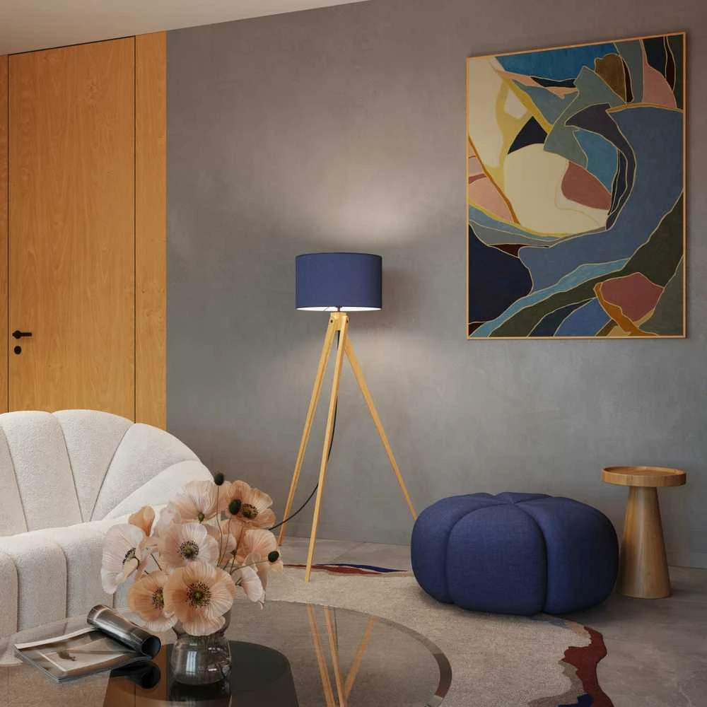 Sollux Lighting Ispaniškas oranžinis NATT toršeras, 77 cm, natūralaus medžio, tamsiai mėlynas gaubtas, IP20