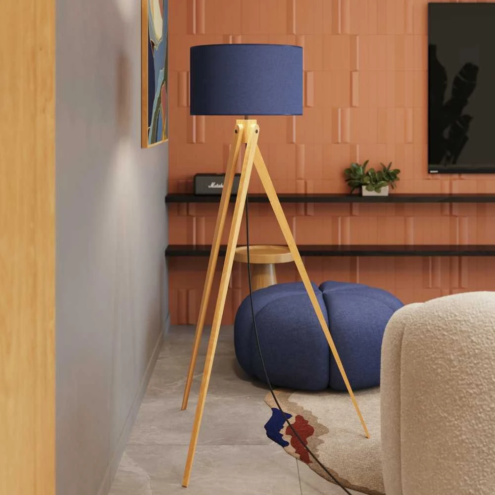 Sollux Lighting Ispaniškas oranžinis NATT toršeras, 77 cm, natūralaus medžio, tamsiai mėlynas gaubtas, IP20
