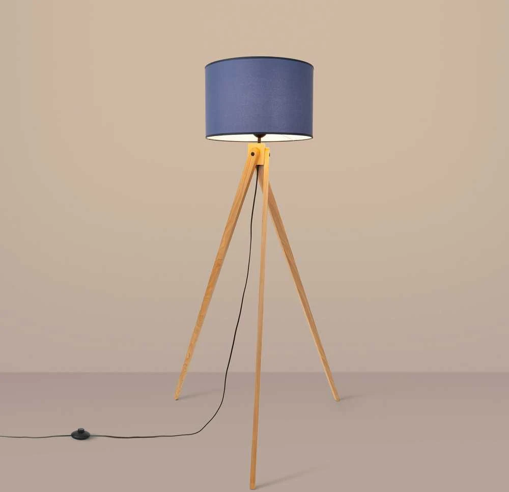 Sollux Lighting Ispaniškas oranžinis NATT toršeras, 77 cm, natūralaus medžio, tamsiai mėlynas gaubtas, IP20
