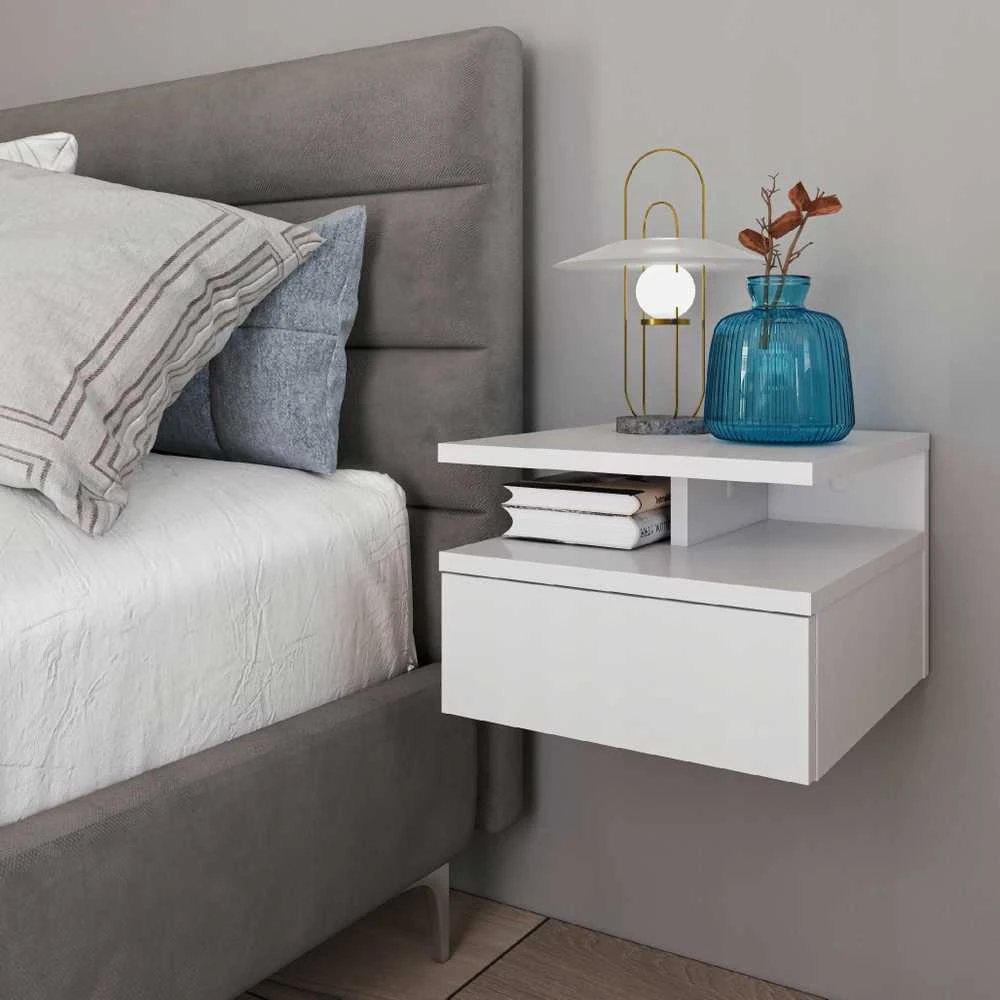 Target Home Baltas prie sienos tvirtinamas naktinis staliukas su stalčiumi 32x35x23 cm