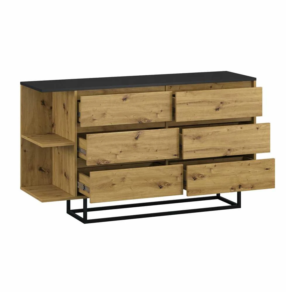 Target Home Komoda su 6 stalčiais ant palėpės stiliaus kojelių, juoda