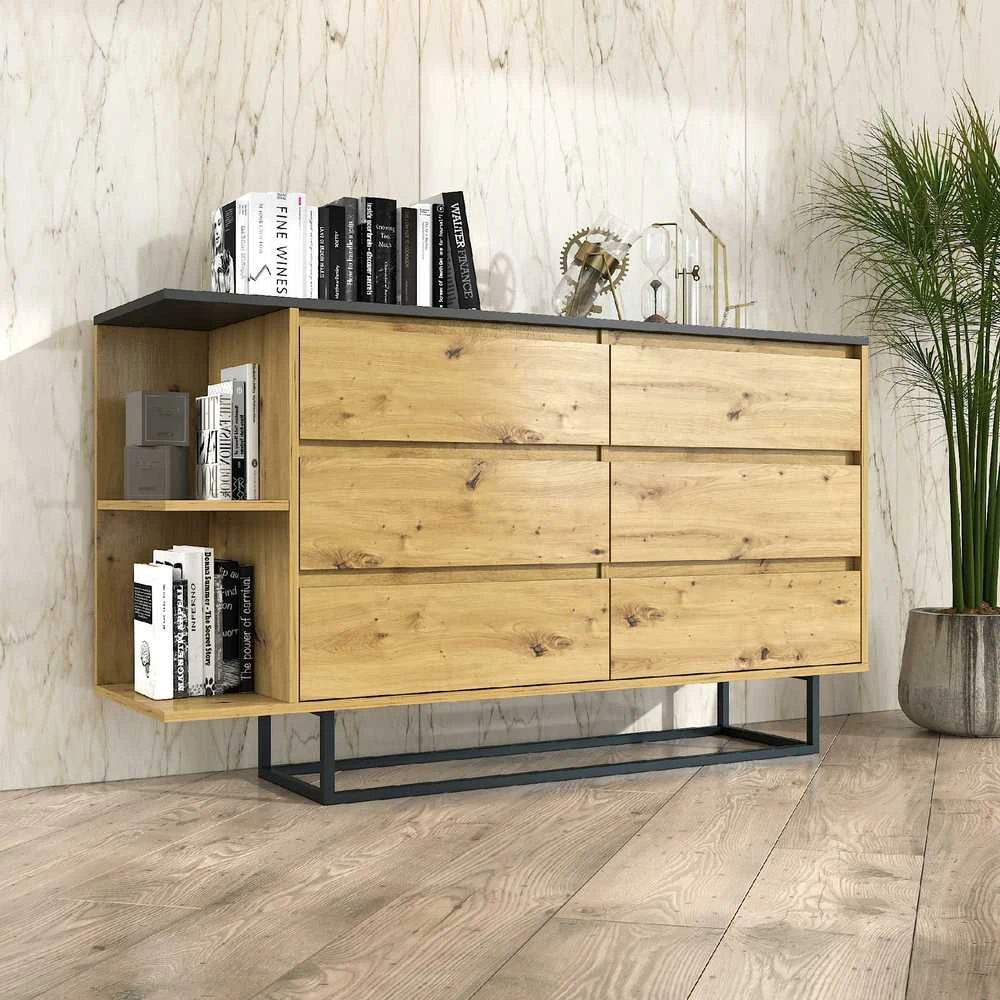 Target Home Komoda su 6 stalčiais ant palėpės stiliaus kojelių, juoda
