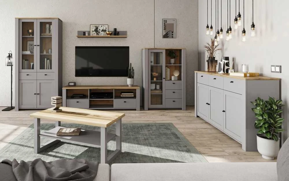 Target Home LATOUR A 1D vitrina su stalčiumi, pilka/šviesus DELANO ąžuolas