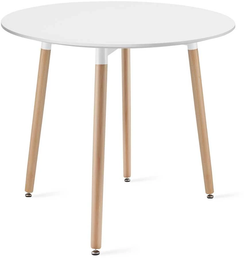 Leobertas Rinkinys KAMI Apvalus stalas 80cm - balta / natūralios kojos + 4 WAT pilka kėdės / natūralios kojos