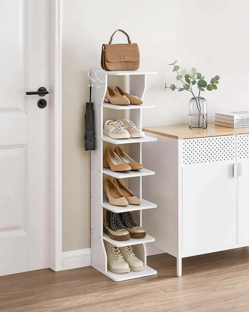 Valora Batų lentyna su 6 lentynomis ir 2 kabliukais, balta, 26,4 × 30 × 110,4 cm