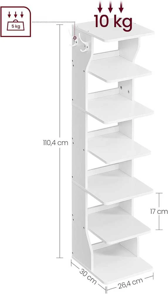 Valora Batų lentyna su 6 lentynomis ir 2 kabliukais, balta, 26,4 × 30 × 110,4 cm