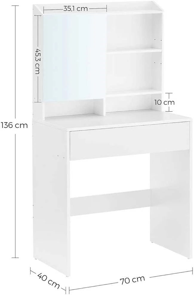 Valora Kosmetinis staliukas su veidrodžiu ir lentynomis, baltas, 70 × 40 × 136 cm