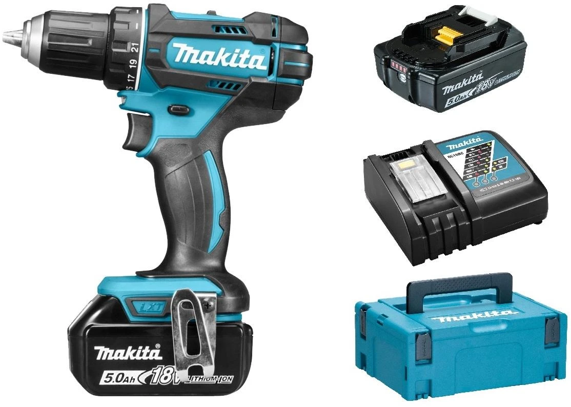 Makita DDF482RTJ Akumuliatorinis gręžtuvas, 18 V, 2x 5,0 Ah Li-ion, 62/36 Nm, 1,7kg, LED, MAKPACK