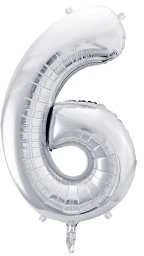 PartyDeco Balionas folinis skaičius 6 sidabrinis 86cm