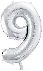 PartyDeco Balionas folinis skaičius 9 sidabrinis 86cm