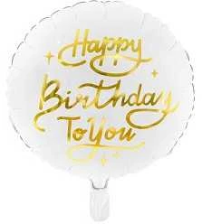PartyDeco Folinis balionas "Happy birthday" baltas 35 cm