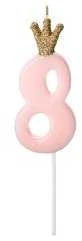 PartyDeco Žvakutė Skaičius su karūna, rausva 9,5cm, Skaičius: 8