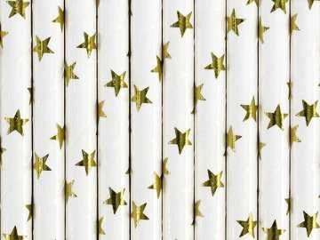 Party Deco Popieriniai šiaudeliai balti su auksinėm žvaigždėm