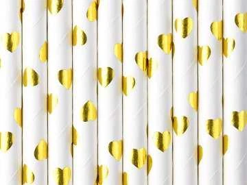 Party Deco Popieriniai šiaudeliai su auksinėmis širdelėmis