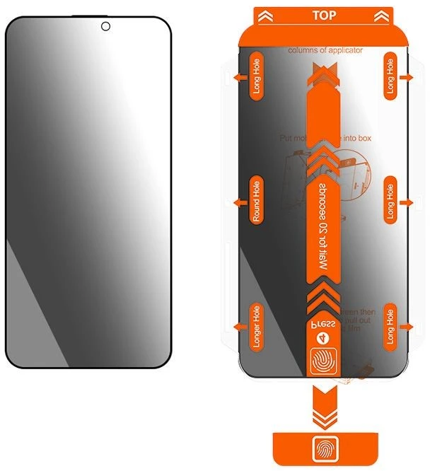 Apsauginis stiklas „Mobile Origin Privacy Screen Guard iPhone 15 Pro Max“ su lengvai aplikatoriumi, 2 vnt. pakuotėje