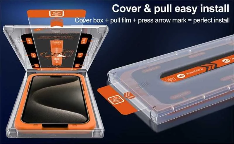 Apsauginis stiklas „Mobile Origin Privacy Screen Guard iPhone 15 Pro Max“ su lengvai aplikatoriumi, 2 vnt. pakuotėje