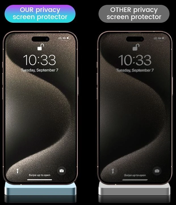 Apsauginis stiklas „Mobile Origin Privacy Screen Guard iPhone 15 Pro Max“ su lengvai aplikatoriumi, 2 vnt. pakuotėje