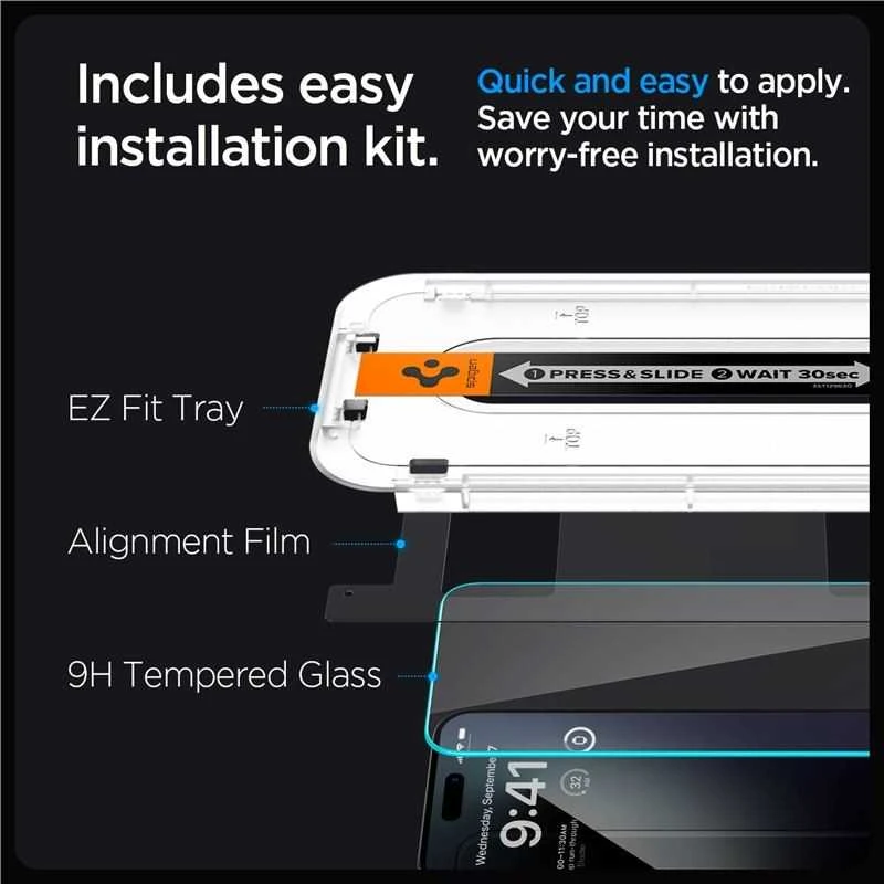 Apsauginis stiklas telefonui Apple iPhone 15 Pro Max Spigen Glas.tr „EZ Fit” 2 vnt. skaidrus