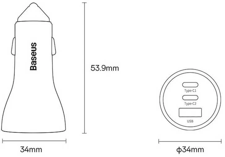 Baseus Automobilinis įkroviklis 12-24V 65W USB + 2xUSB-C QC4+ PD3.0, pilkas