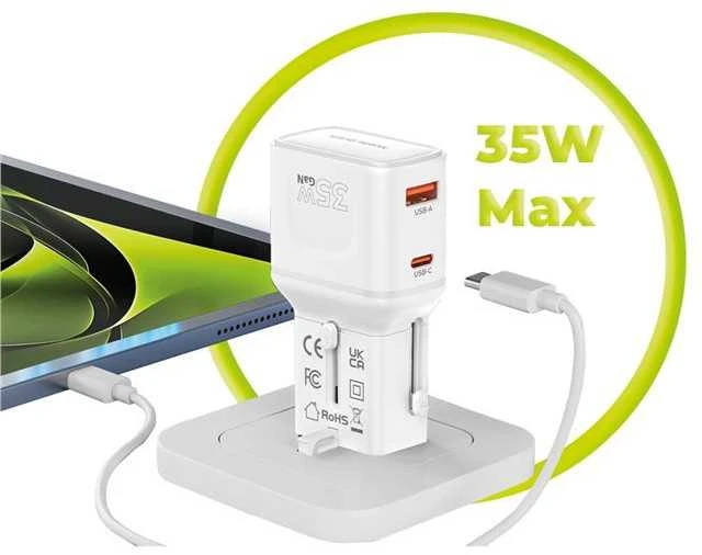 Įkroviklis Mobile Origin 35W Travel Adapteris, EU/US/UK/AU PW25, baltas