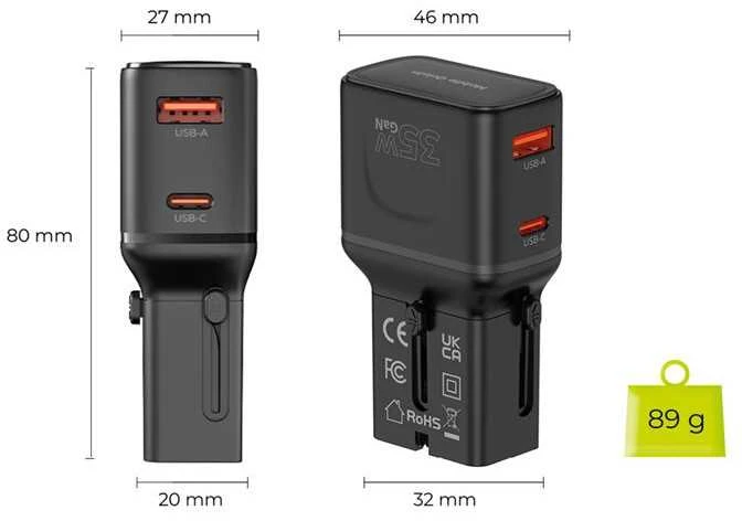 Įkroviklis Mobile Origin 35W Travel Adapteris, EU/US/UK/AU PW25, juodas