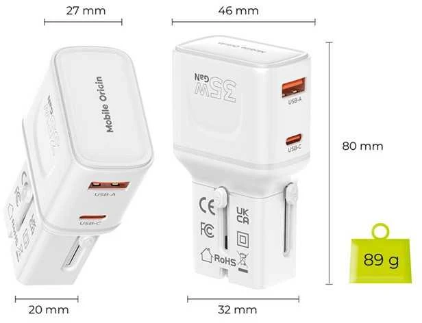 Įkroviklis Mobile Origin 35W Travel Adapteris, EU/US/UK/AU PW25, baltas