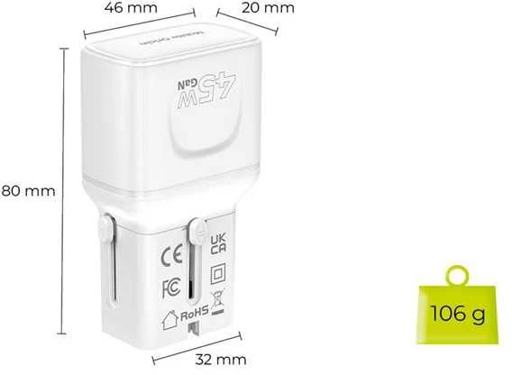 Įkroviklis Mobile Origin 45W Travel Adapteris, EU/US/UK/AU PW26, baltas