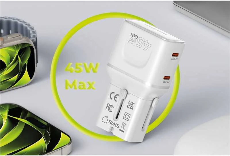 Įkroviklis Mobile Origin 45W Travel Adapteris, EU/US/UK/AU PW26, baltas