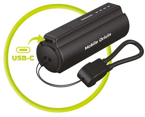 „Mobile Origin“ 5000 mAh kompaktiška „PowerBank PB7“ su žibintuvėliu ir USB-C laidu