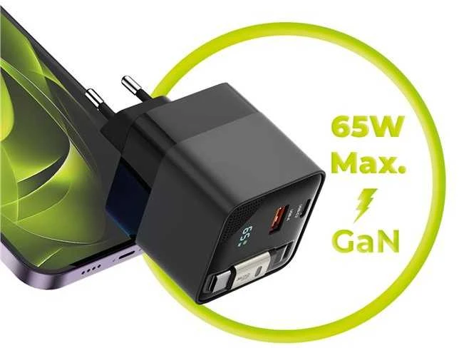 Įkroviklis Mobile Origin 65W GaN Ekranas Charger PW2 - USB-C Cable + USB-C + USB-A