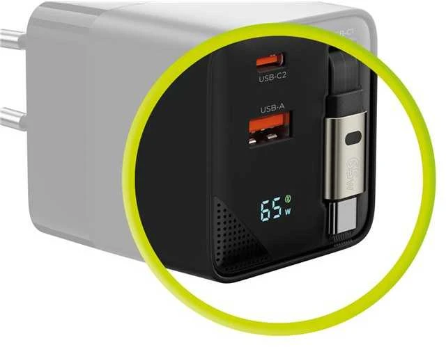 Įkroviklis Mobile Origin 65W GaN Ekranas Charger PW2 - USB-C Cable + USB-C + USB-A