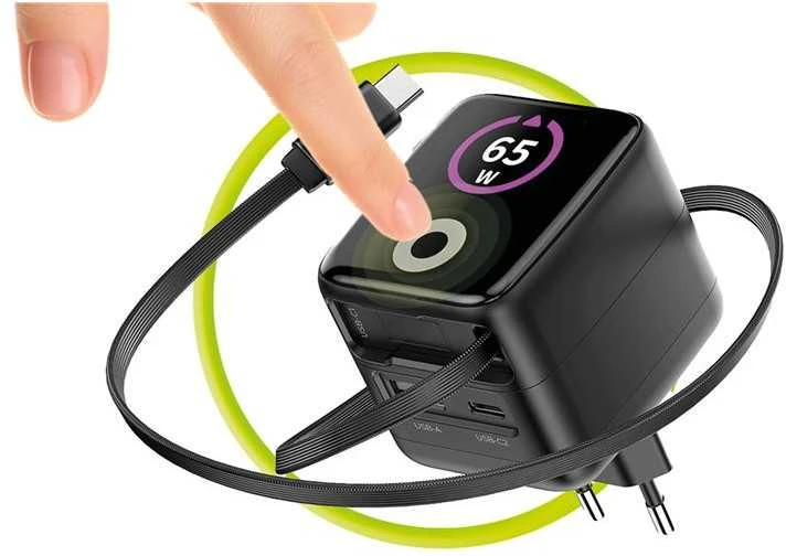 Įkroviklis Mobile Origin 65W GaN Ekranas Charger PW3 - USB-C Cable + USB-C + USB-A